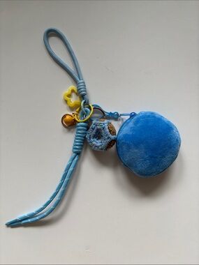 Blue Plush Wristlet Keychain Pouch with Decorative Charms